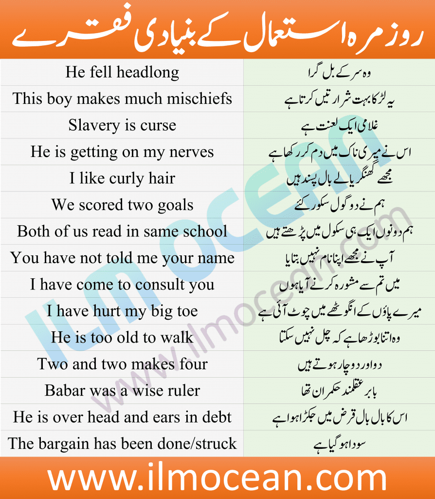 English to Urdu Sentences used for daily conversation. English Urdu Phrases PDF. Basic English Urdu Sentences