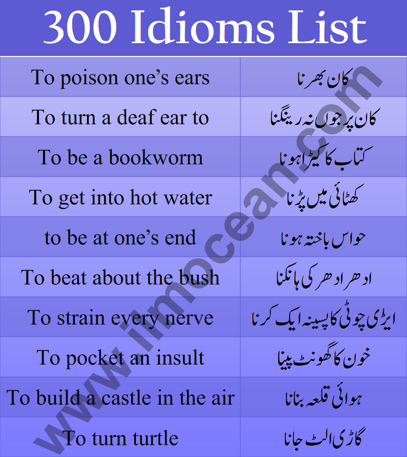 List of 300 Idioms in English with Urdu Meanings. Iidioms are helpful to build spoken and written English