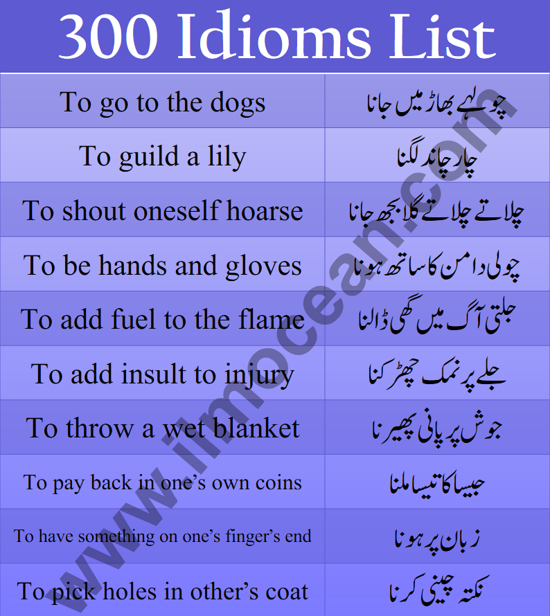 List of 300 Idioms in English with Urdu Meanings. Idioms are helpful to build spoken and written English
