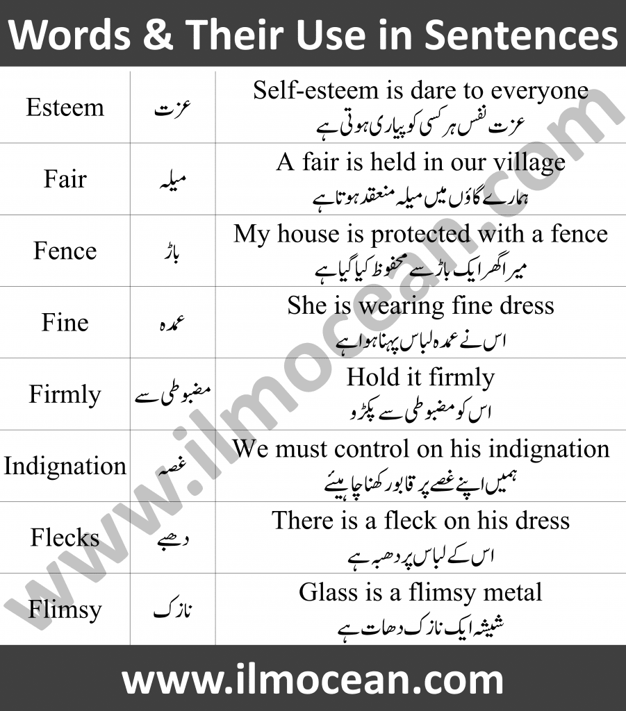 50 Difficult words and their use in sentences in English and Urdu. English to Urdu words for beginners