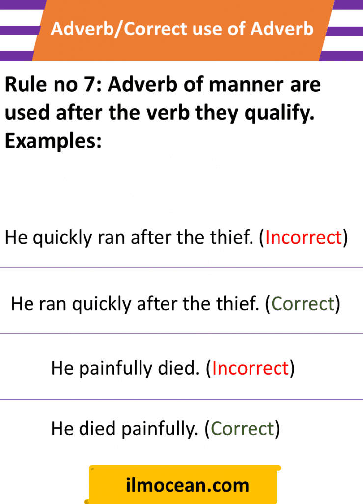 Adverb is used to modify or to explain a verb, adjective and adverb also. Normally adverbs express place, manner, time, frequency, degree, certainty level etc.