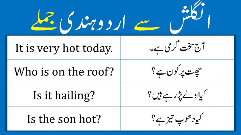 English to Urdu/Hindi Sentences are for all students and learners in Pakistan and India. English to Urdu/Hindi Sentences are very important for all. If you do not know Urdu and you can not read and understand it then you need not to worry. We bring English to Urdu/Hindi Sentences in roman English portion for Hindi learners. English to Urdu/Hindi Sentences will help beginners.