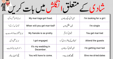 Some simple marriage related sentences in Urdu and English. When there will be any event of marriage these sentences will help you to speak fluent English. This will also enhance your English speaking ability and within somedays you will be able to speak fluent English. Try to learn these sentences with the help of simple vocabulary. All sentences are easy to learn and are mostly used in our daily routine. Download this lesson in pdf and after some days you will become professional in English. English to Urdu Sentences about marriage for speaking English at wedding. English to Urdu Sentences about Marriage will help you speak English fluently and flawlessly.
