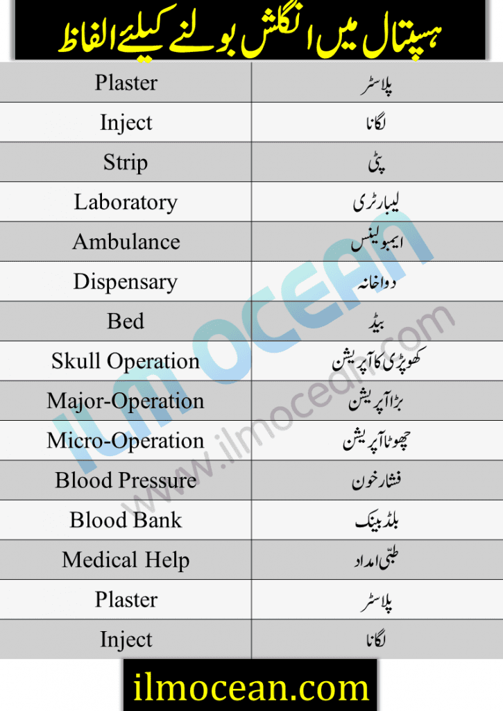 Hospital Vocabulary and Medical Terms in English and Urdu! Medical Terms and Hospital Vocabulary in English and Urdu. Hospital vocabulary in English. A list of Urdu and English words related to health and medicine. Learn the essential English terms and phrases that will come in handy in an emergency.