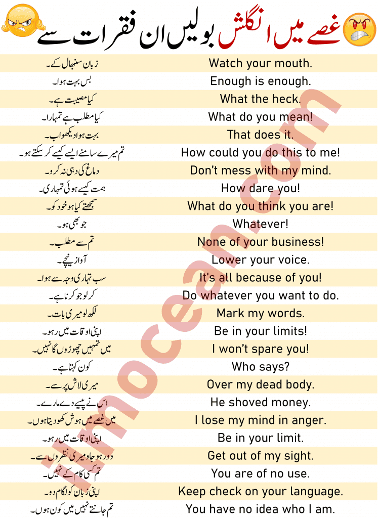 50 English to Urdu Sentences to use in Anger, Rage Sentences! 50 Anger-Inspiring English Phrases with Urdu Translation, you can learn commonly used English expressions when you’re angry. When you’re furious with someone, this important lesson will help you speak English fluently.